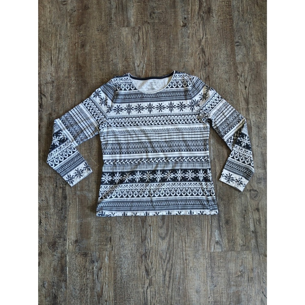 Talbots Womens Petite Large Black White Fair Isle Snowflake Long Sleeve Tee Top